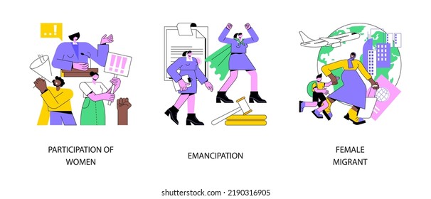 Gender Equality Abstract Concept Vector Illustration Set. Participation Of Women, Emancipation And Social Equal Rights, Female Migrant, Female Speaker Leader, Businesswoman Ambition Abstract Metaphor.