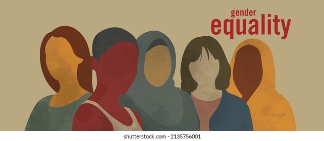 Gender equality and anti-racism. Silhouette profile group of women and girl of diverse culture. Diversity multi-ethnic and multiracial people. Multicultural society. Friendship. Women's day. 