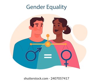 Gender equality. Balanced representation and rights across genders. Social justice and equal opportunities. Human rights security for social progress and well-being. Flat vector illustration