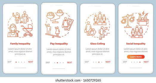 Gender equality barriers onboarding mobile app page screen with concepts. Workplace inequality walkthrough 4 steps graphic instructions. UI vector template with RGB color illustrations