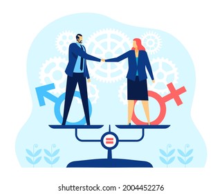 Gender Equality. Business Man And Woman Standing On Balance Scales. Equal Rights, Opportunities In Workplace, Wage Equality Vector Concept. Female And Male Characters Collaboration