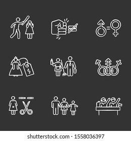 Gender Equality Chalk Icons Set. Violance Against Woman. Gender Stereotypes. Bride Price. Forced Sterilization. Politic Rights. Female Harassment. Isolated Vector Chalkboard Illustrations