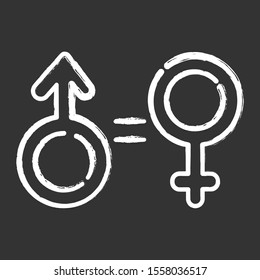 Gender equality chalk icons set. Woman and man human rights. Female, male sign. Feminism, democracy. Fair relationship. Justice, balance, tolerance. Isolated vector chalkboard illustrations