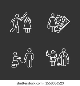 Gender equality chalk icons set. Female economic activity. Violence against woman. Sexual slavery and harassment. Gender stereotypes. Couple relationship. Isolated vector chalkboard illustrations
