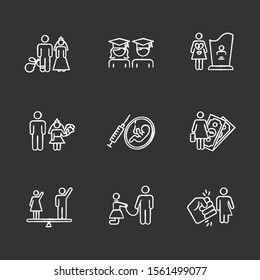 Gender equality chalk icons set. Forced marriage. Education equality. Maternity mortality. Child marriage. Female economic activity. Violance against trans. Isolated vector chalkboard illustrations