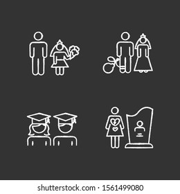 Gender equality chalk icons set. Child marriage. Education equality. Couple relationship. Forced marriage. College graduate. Maternal mortality. Isolated vector chalkboard illustrations