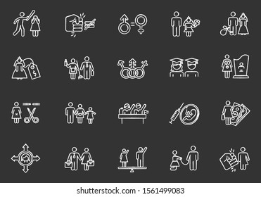 Conjunto de iconos de tiza de igualdad de género. Mujer, hombre, cierto. Esclavitud sexual. Actividad económica femenina. Personas transgénero. Política femenina y masculina. Planificación familiar. Ilustraciones de pizarra de Vector aislado