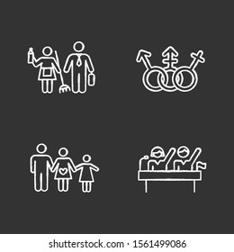 Gender Equality Chalk Icons Set. Politic Rights. Transgender People, LGBTQ Community. Female, Male, Trans Sign. Gender Stereotypes. Family Planning. Isolated Vector Chalkboard Illustrations