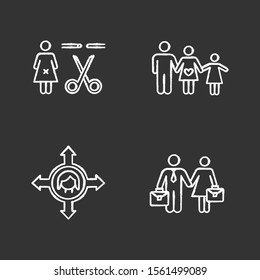 Gender Equality Chalk Icons Set. Forced Sterilization. Woman's Freedom Of Movement. Equal Employment Rights For Woman, Man. Family Planning. Isolated Vector Chalkboard Illustrations