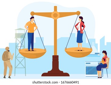 Gender equality, characters woman and man stand scales, isolated on white, flat vector illustration. Military male, female housewife. Design consept web banner for gender equality.