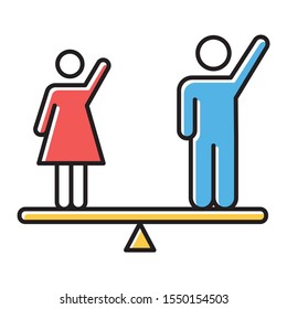 Gender equality color icon. Woman and man human right. Democracy, liberty, freedom. Female and male balancing on scale. Justice, equality, empowerment. Social unity. Isolated vector illustration