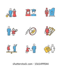 Gender equality color icons set. Forced marriage. Education equality. Maternity mortality. Child marriage. Female economic activity. Violance against trans woman. Isolated vector illustrations