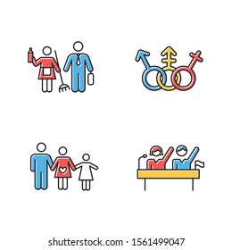 Gender Equality Color Icons Set. Politic Rights. Transgender People, LGBTQ Community. Female, Male, Trans Sign. Gender Stereotypes. Family Planning. Couple Relationship. Isolated Vector Illustrations