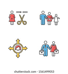 Gender Equality Color Icons Set. Forced Sterilization. Woman's Freedom Of Movement. Equal Employment Rights For Woman And Man. Family Planning. Couple Relationship. Isolated Vector Illustrations