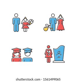 Gender equality color icons set. Child marriage. Education equality. Couple relationship. Forced marriage. College graduate. Maternal mortality. Death, grieving. Isolated vector illustrations