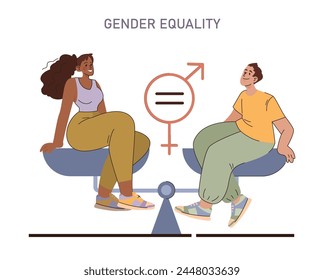 Gender Equality concept. A balanced representation of gender equality, with individuals seated equally on a scale, signifying harmony and parity.