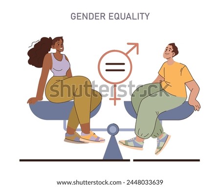 Gender Equality concept. A balanced representation of gender equality, with individuals seated equally on a scale, signifying harmony and parity.