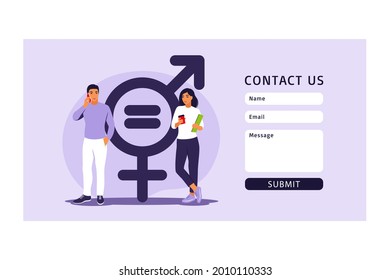 Gender equality concept. Contact us form for web. Men and women character on the scales for gender equality. Vector illustration. Flat.