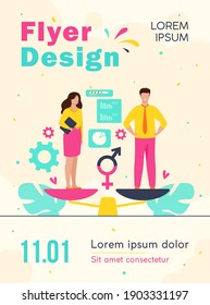 Gender equality concept. Equal business man and woman on balance scale. Male and female employees with equal career opportunities. Workforce without gender discrimination