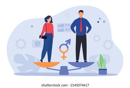 Gender Equality Concept. Equal Business Man And Woman On Balance Scale.  Workforce Without Gender Discrimination. Vector Illustration.