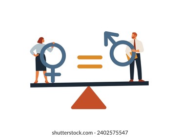 Concepto de igualdad de género. Igualdad de hombres y mujeres de negocios en la escala de equilibrio. Empleados hombres y mujeres con igualdad de oportunidades profesionales. Fuerza de trabajo sin g