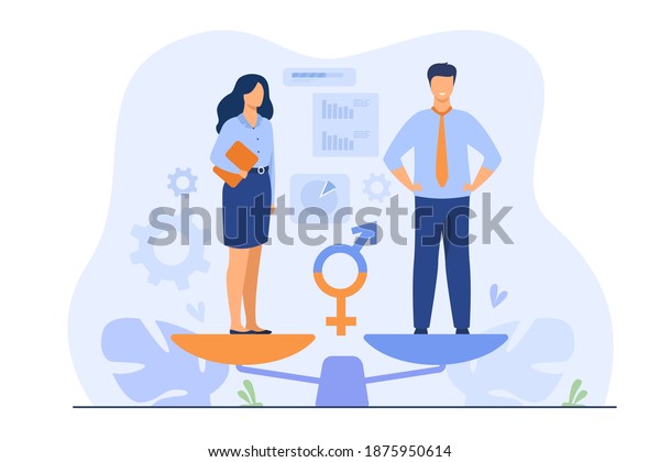 Gender equality\
concept. Equal business man and woman on balance scale. Male and\
female employees with equal career opportunities. Workforce without\
gender discrimination