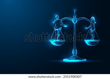 Gender equality concept with glowing digital scale balancing man and woman on dark blue background. Justice, fairness, and equity. Futuristic low polygonal style. Modern abstract vector illustration.