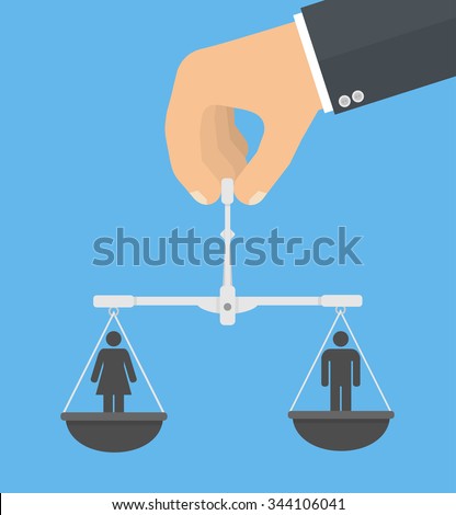 Gender equality concept. Hand holding balance with male and female stick figures on it. Flat style