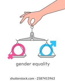 Gender equality concept. Hand holds balanced scale with male and female gender symbols on either side emphasizing fairness, social inclusion. Idea of parity, justice, diversity and empowerment