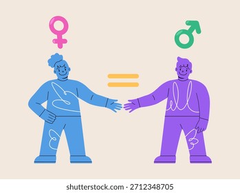 Conceito de igualdade de gênero. Garoto e menina felizes de pé, de mãos dadas, sentindo-se iguais.  Ilustração vetorial colorida

