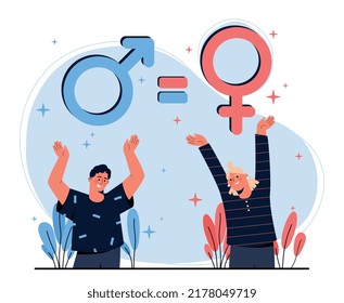 Concepto de igualdad de género. Feliz hombre y mujer al lado de sus dos señales e igualdad. Equilibrio y tolerancia, igualdad de oportunidades profesionales, lucha contra la discriminación. Dibujo vectorial plano de dibujos animados