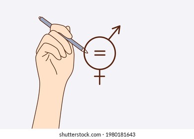 Gender equality concept. Human hand drawing equal sign inside of sign of man and woman symbols meaning equality over grey background vector illustration 