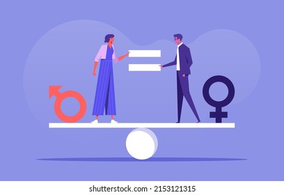 Gender Equality Concept. Male And Female With Symbol On The Scales Feeling Equal Discrimination 