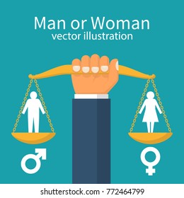 Gender equality concept. Man holds balance in hand. Vector illustration in flat style design. Male or woman silhouette pictogram. Gender icon.