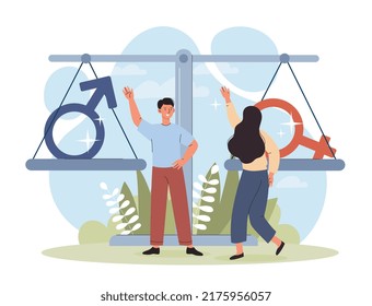 Gender Equality Concept. Man And Woman Next To Large Scales. Balance And Equal Rights, Equal Opportunities At Work In Building Career. People With Gender Signs. Cartoon Flat Vector Illustration