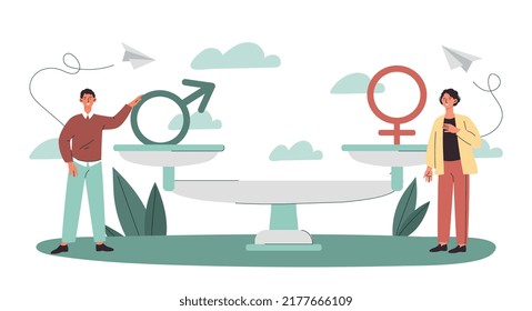 Concepto de igualdad de género. Hombre y mujer parados al lado de balanza balanceada con sus carteles. Metáfora de tolerancia e igualdad. Lucha contra la discriminación y el feminismo. Dibujo vectorial plano de dibujos animados