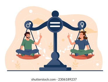 Gender equality concept. Man and woman sit on scales. Tolerance and respect, unity. Democratic society and feminism, equality and balance. Cartoon flat vector illustration