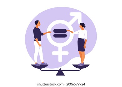 Gender Equality Concept. Men And Women Character On The Scales For Gender Equality. Vector Illustration. Flat.