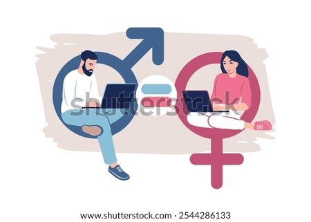 Gender equality concept. Men and women character on the scales for gender equality. Vector illustration. Flat.