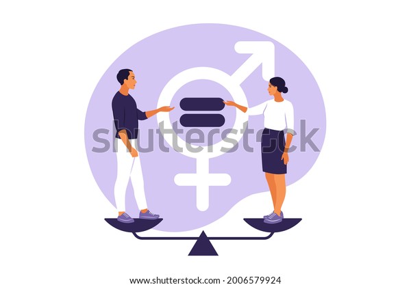 Gender equality\
concept. Men and women character on the scales for gender equality.\
Vector illustration.\
Flat.