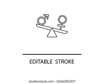 Conceito de igualdade de gênero mostrado por símbolos masculinos e femininos equilibrando-se em uma escala, simbolizando justiça e justiça.