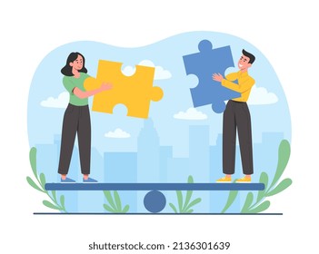 Gender Equality Concept. Smiling Man And Woman Maintain Balance And Hold Pieces Of Suitable Puzzles. Tolerance, Equal Rights And Opportunities For Female And Male. Cartoon Flat Vector Illustration