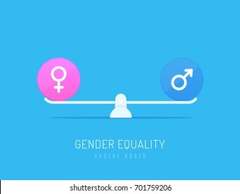 Gender Equality Concept. Gender Symbols Balancing On Scales. Vector Illustration In Flat Style