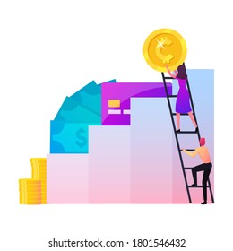 Gender Equality Concept with Tiny Male and Female Characters Climbing Upstairs on Career Ladder with Money on Top. Woman go Ahead of Man Holding Huge Golden Coin. Cartoon People Vector Illustration