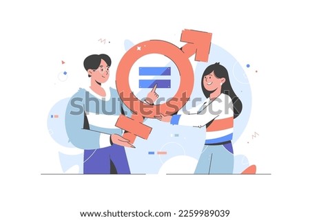 Gender Equality Concept. Vector illustration. Equal business man and woman on balance scale. Male and female employees with equal career opportunities. Workforce without gender discrimination