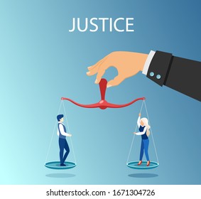 Gender equality concept. Vector judge hand holding balanced scales with a man and woman 