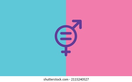 Gender equality concept. Venus and Mars symbols in purple combined in a single form on a blue and pink background to reinvindicate the equality between men and women. Feminism concept