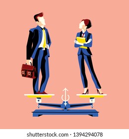 Gender equality concept with woman and man on equal height scales.