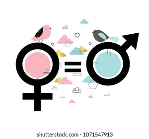 Gender equality. Cute vector illustration with clouds, birds and gender symbols. Card in scandinavian style. Male and female