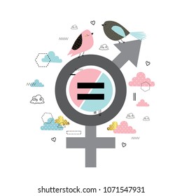 Gender equality. Cute vector illustration with clouds, birds and gender symbols. Card in scandinavian style. Male and female